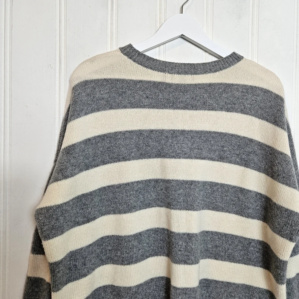Theory Cashmere Sweater M Karenia Oversized Striped Crewneck Gray Cream High Low
